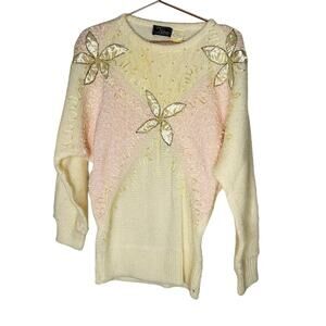 Vintage Grandma White Pink Crewneck Floral Embellished Design Sweater Size M